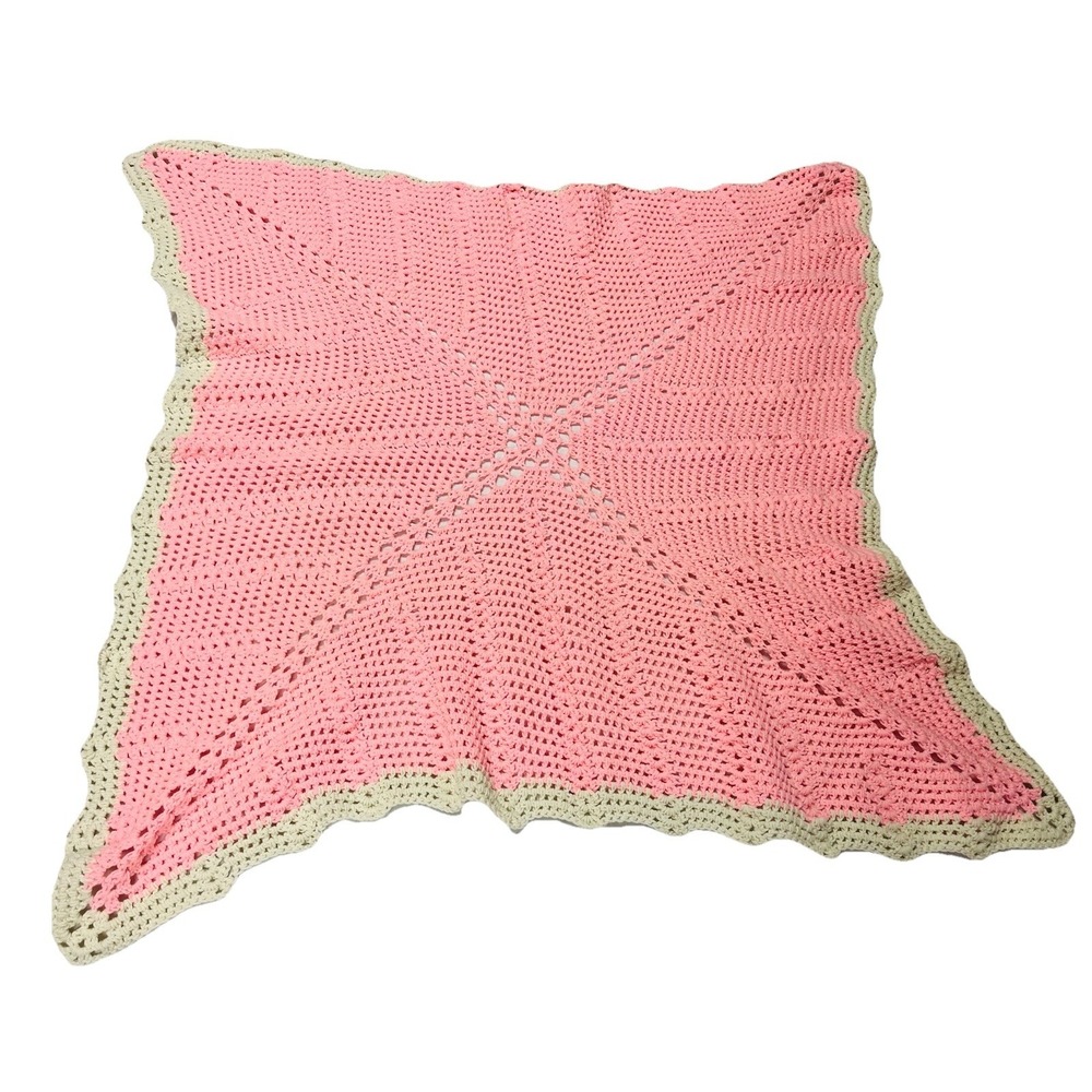 Crochet Afghan Baby Blanket Throw 60x58 Pink Crib Nap Nursery Handmade Swaddle
